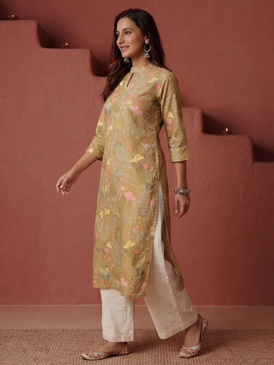 Floral Printed Mustard  Straight Kurta