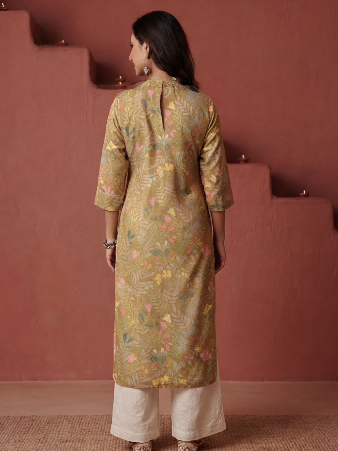 Floral Printed Mustard  Straight Kurta