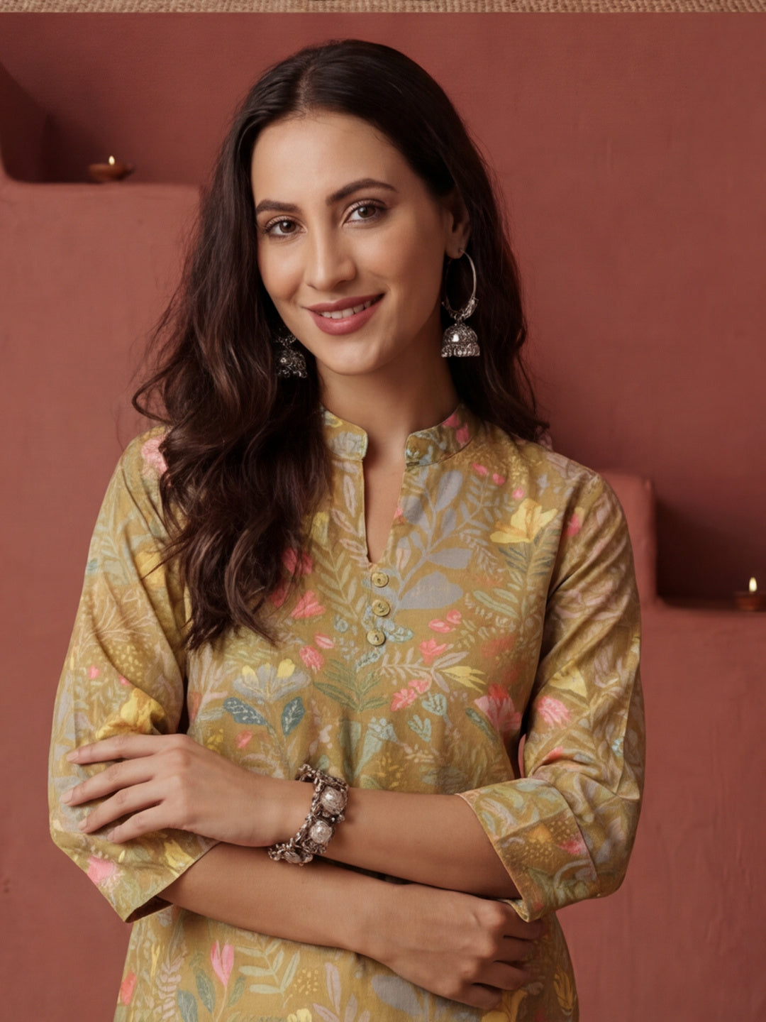 Floral Printed Mustard  Straight Kurta