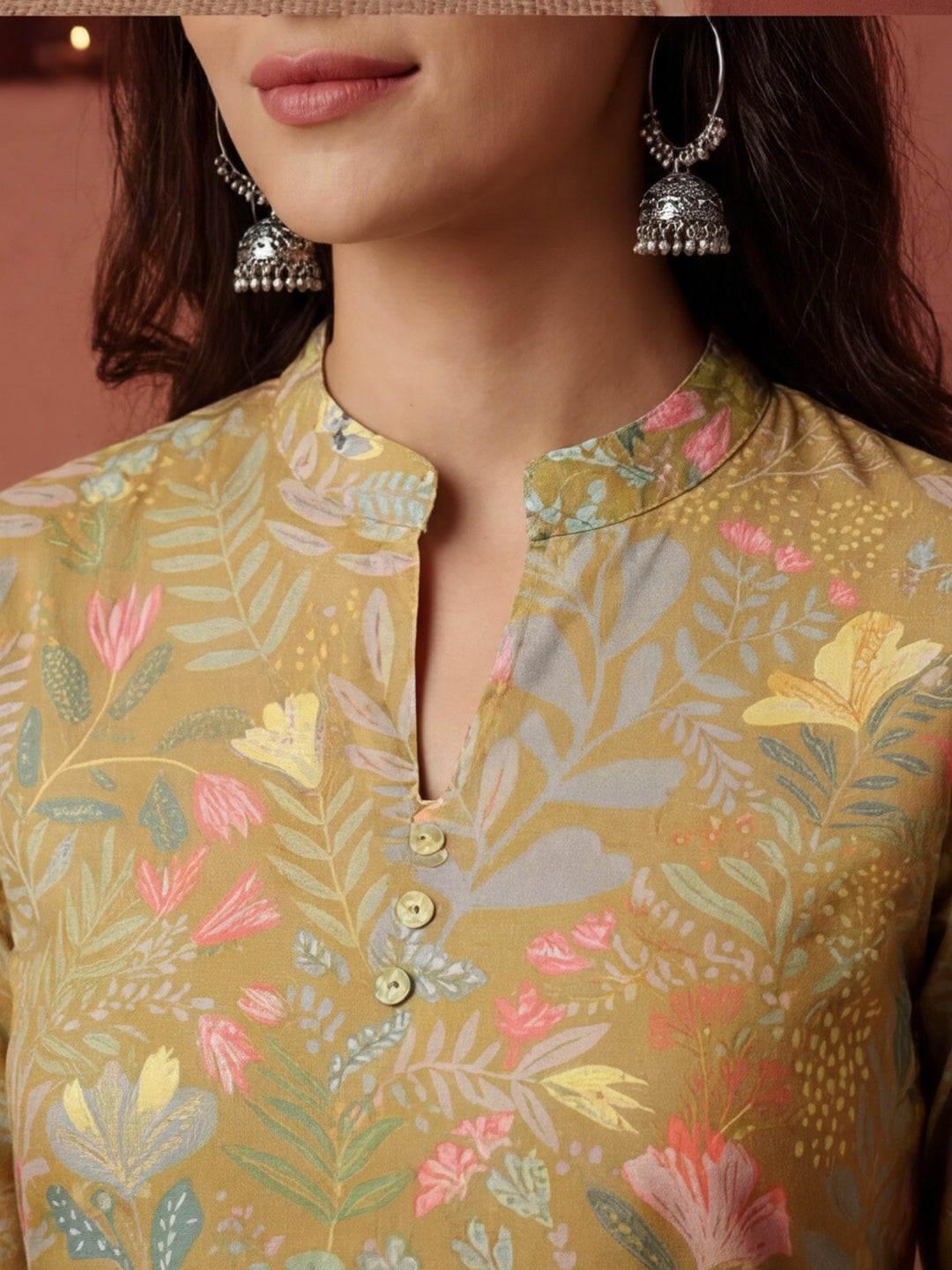 Floral Printed Mustard  Straight Kurta