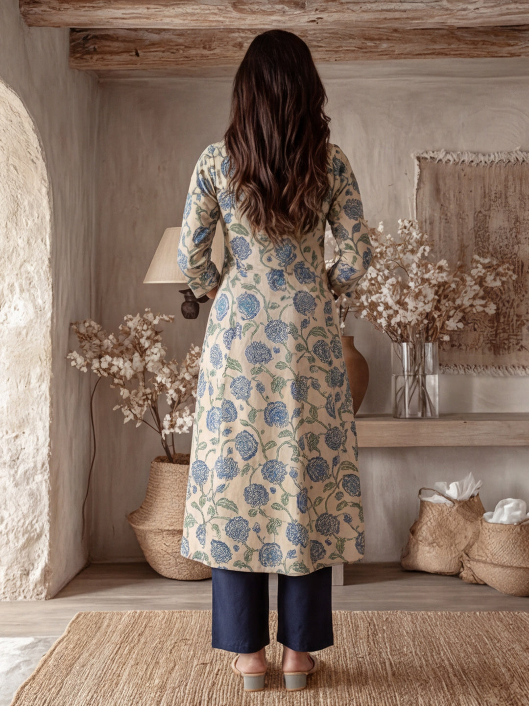 Blue Floral Print Cotton Anarkali Kurta