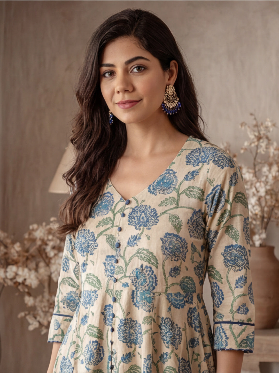 Blue Floral Print Cotton Anarkali Kurta