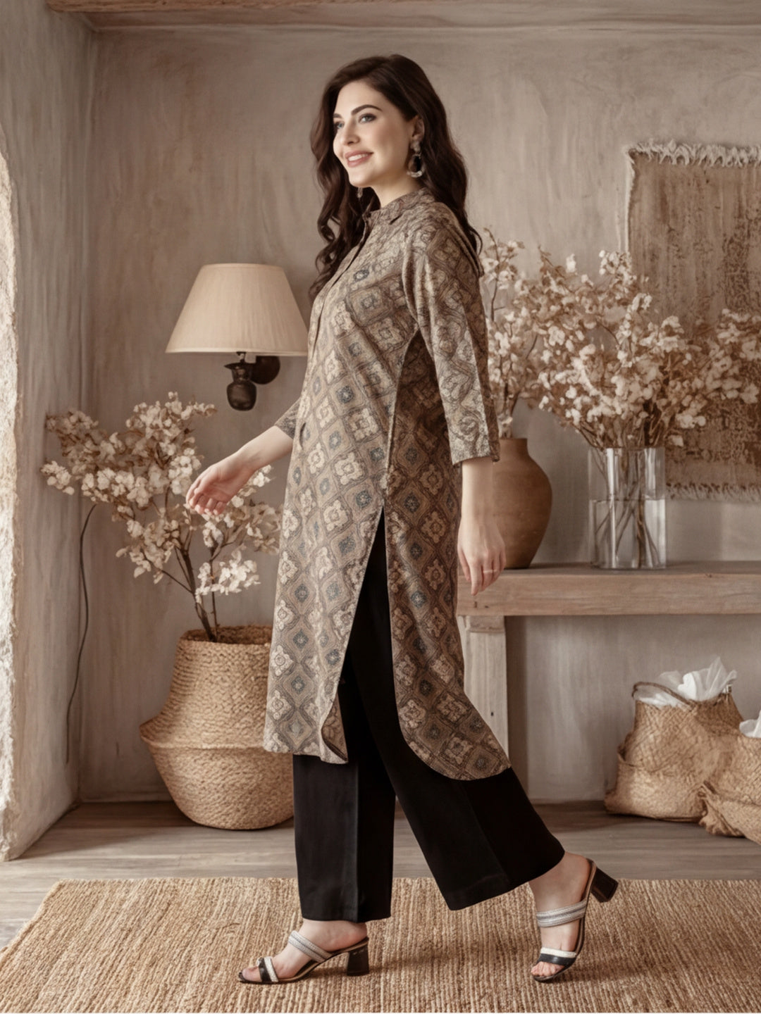 Olive Green Ethnic Motif Straight Kurta