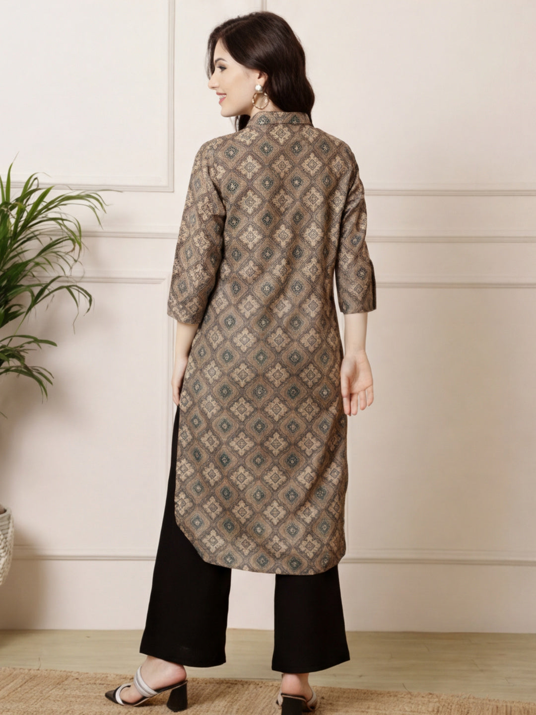 Olive Green Ethnic Motif Straight Kurta
