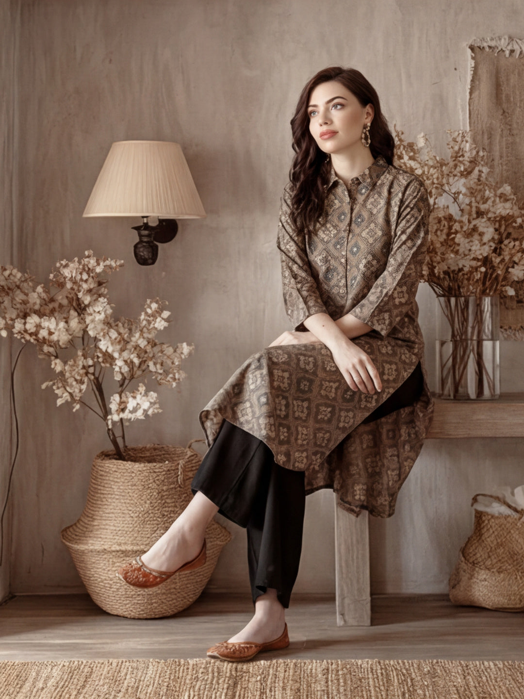 Olive Green Ethnic Motif Straight Kurta
