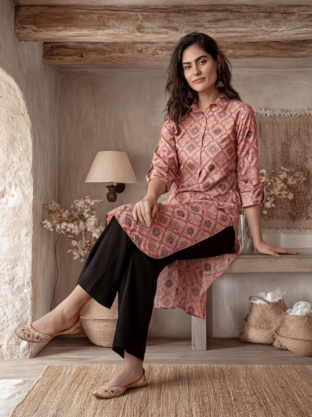 Peach Ethnic Motif Straight Kurta