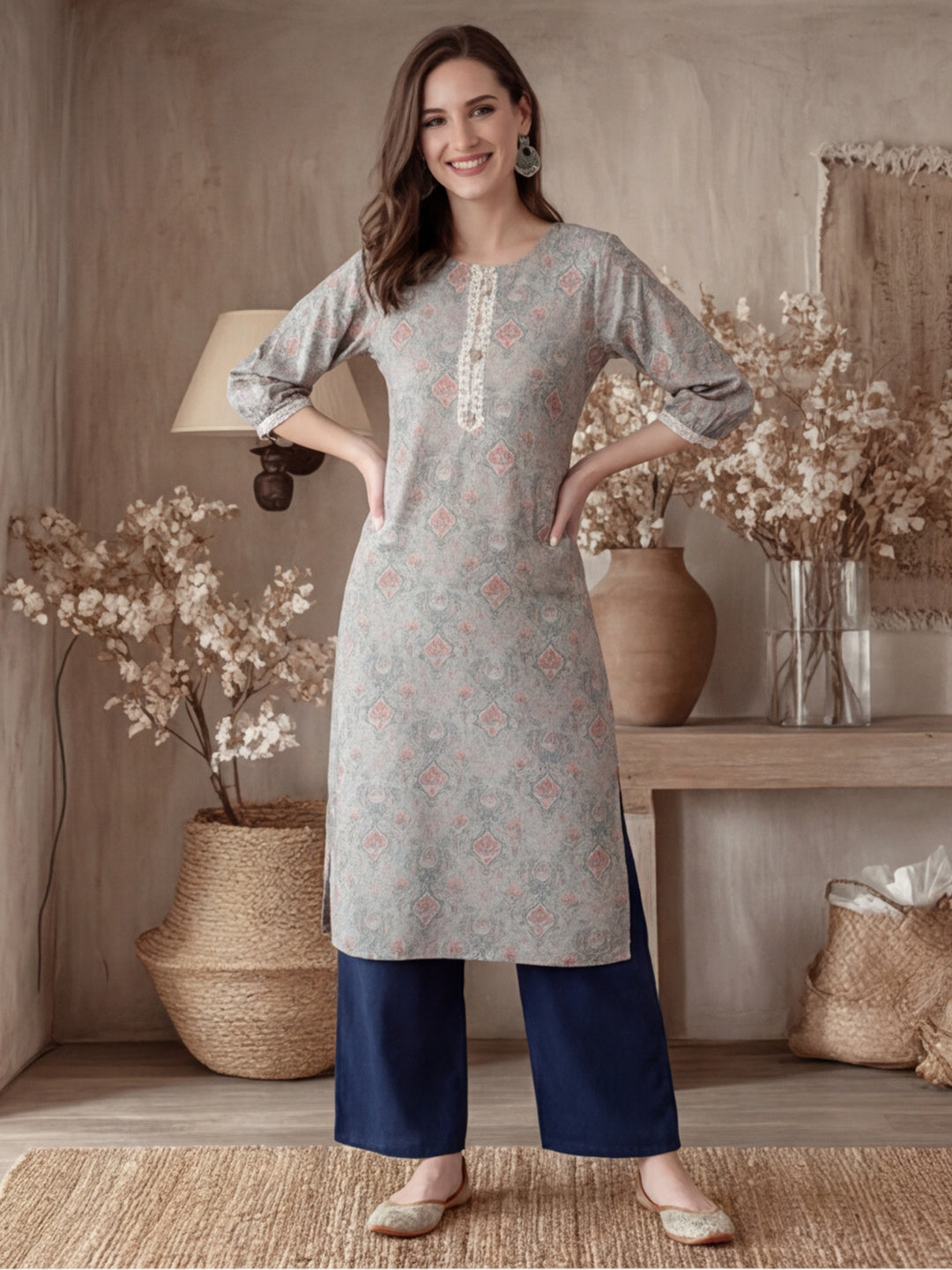 Grey Mirror Work Printed Straight Kurta