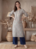 Grey Mirror Work Printed Straight Kurta