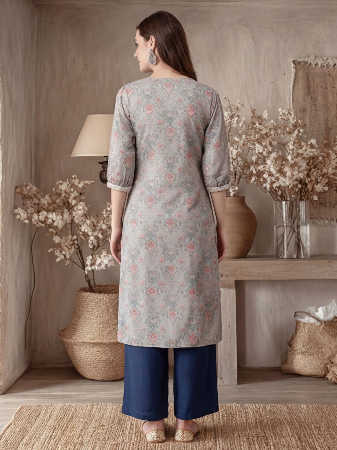 Grey Mirror Work Printed Straight Kurta