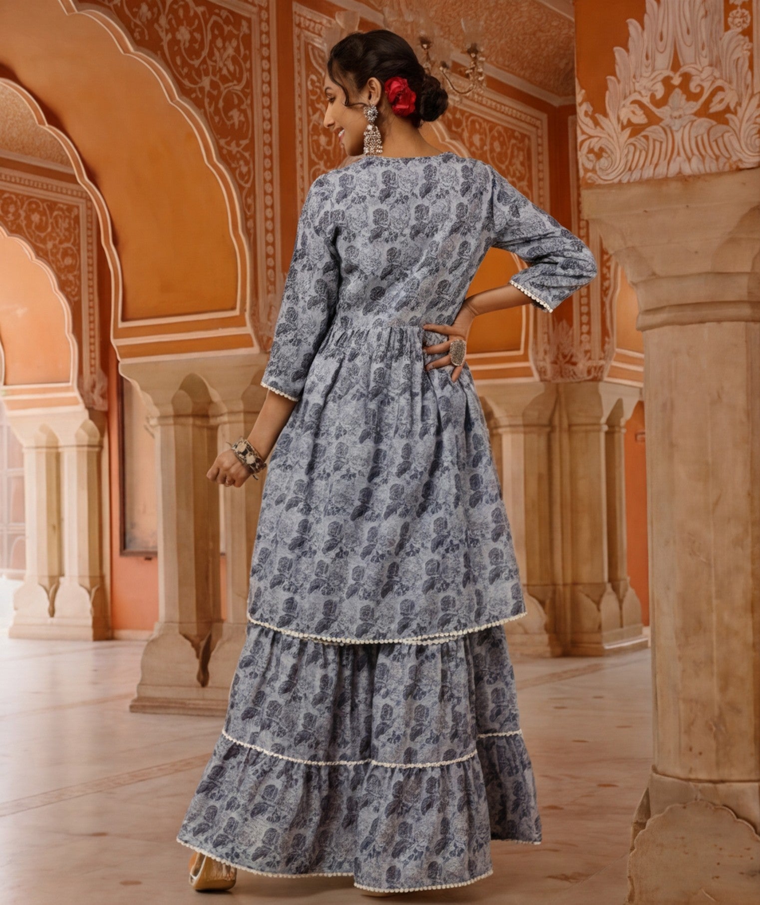 Blue Floral Print Flared Kurta With Sharara