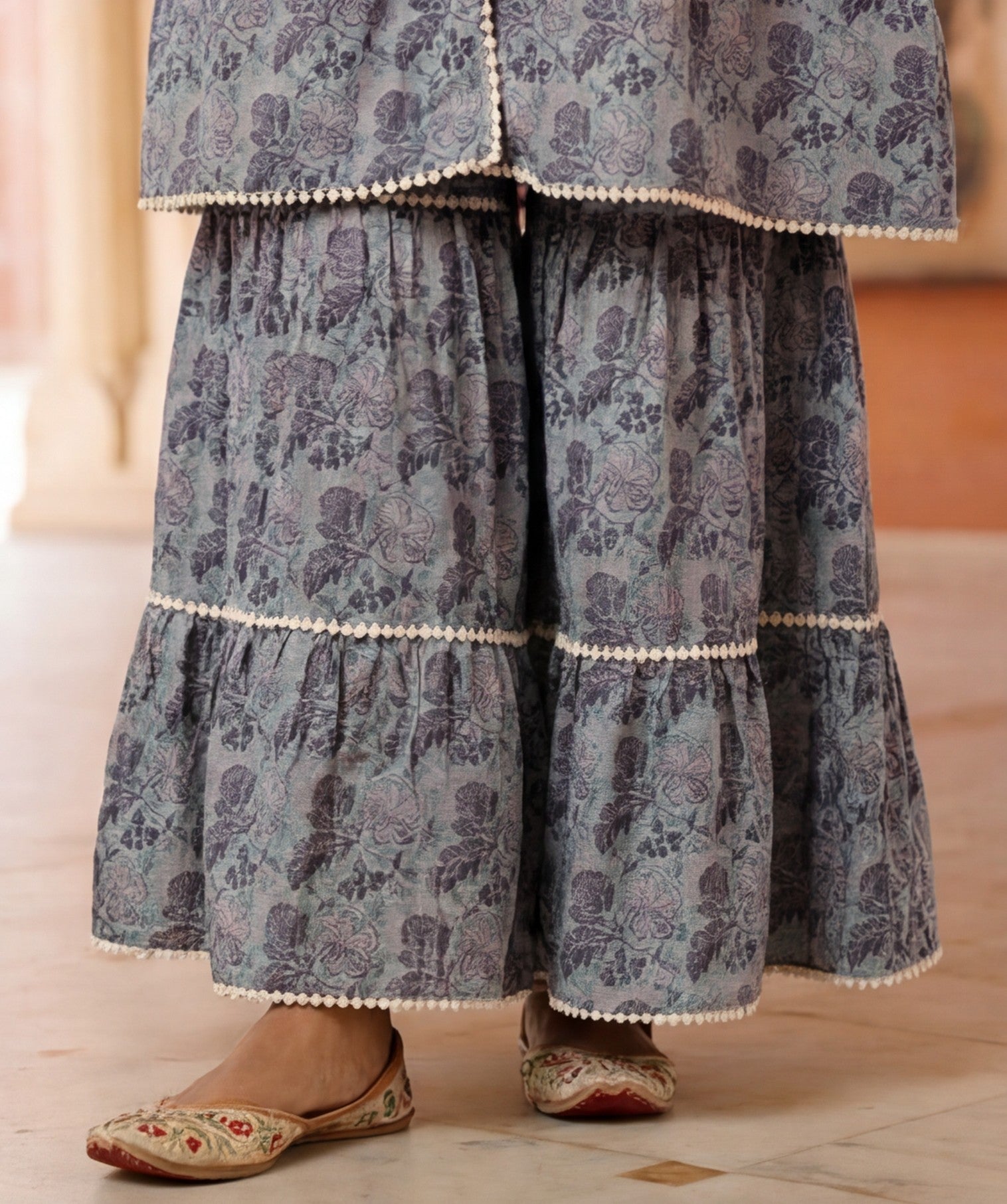 Blue Floral Print Flared Kurta With Sharara