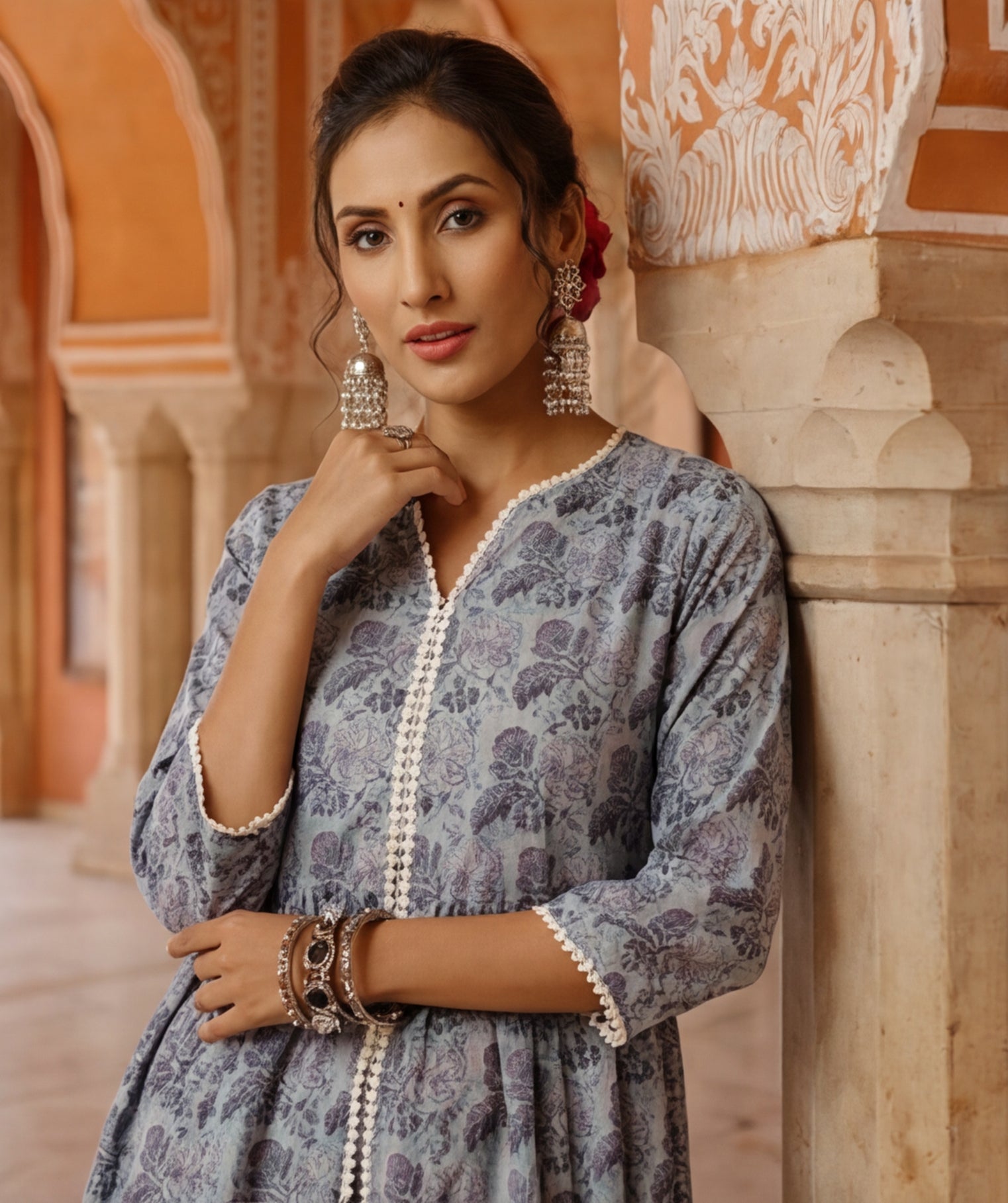 Blue Floral Print Flared Kurta With Sharara