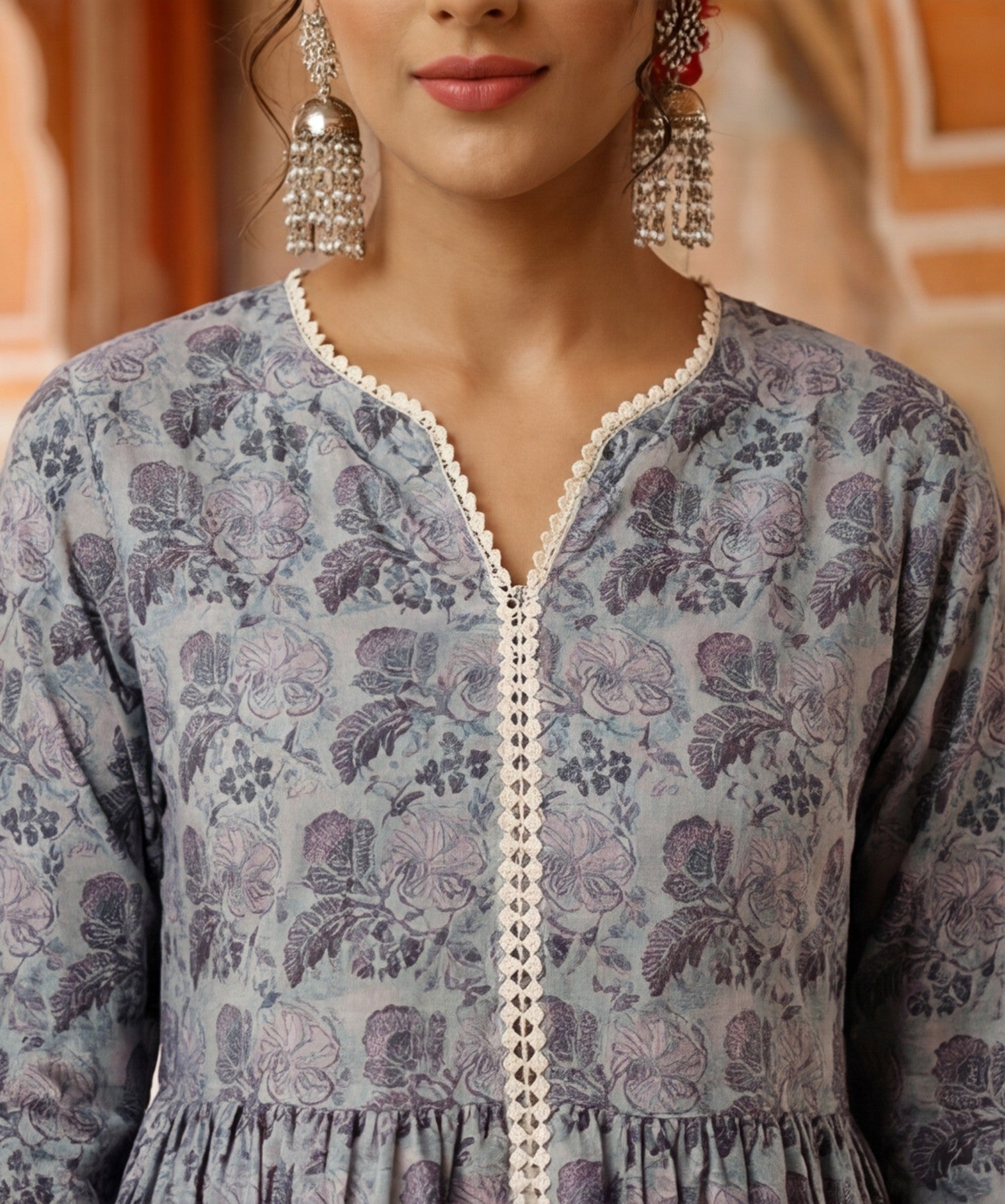 Blue Floral Print Flared Kurta With Sharara