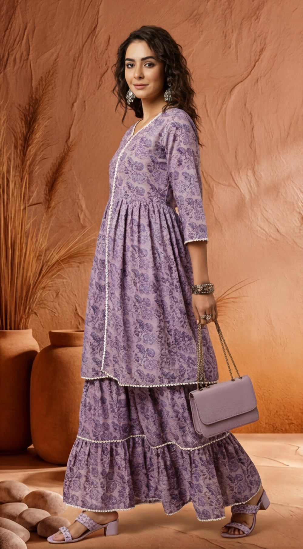 Lavender Floral Print Flared Kurta With Sharara