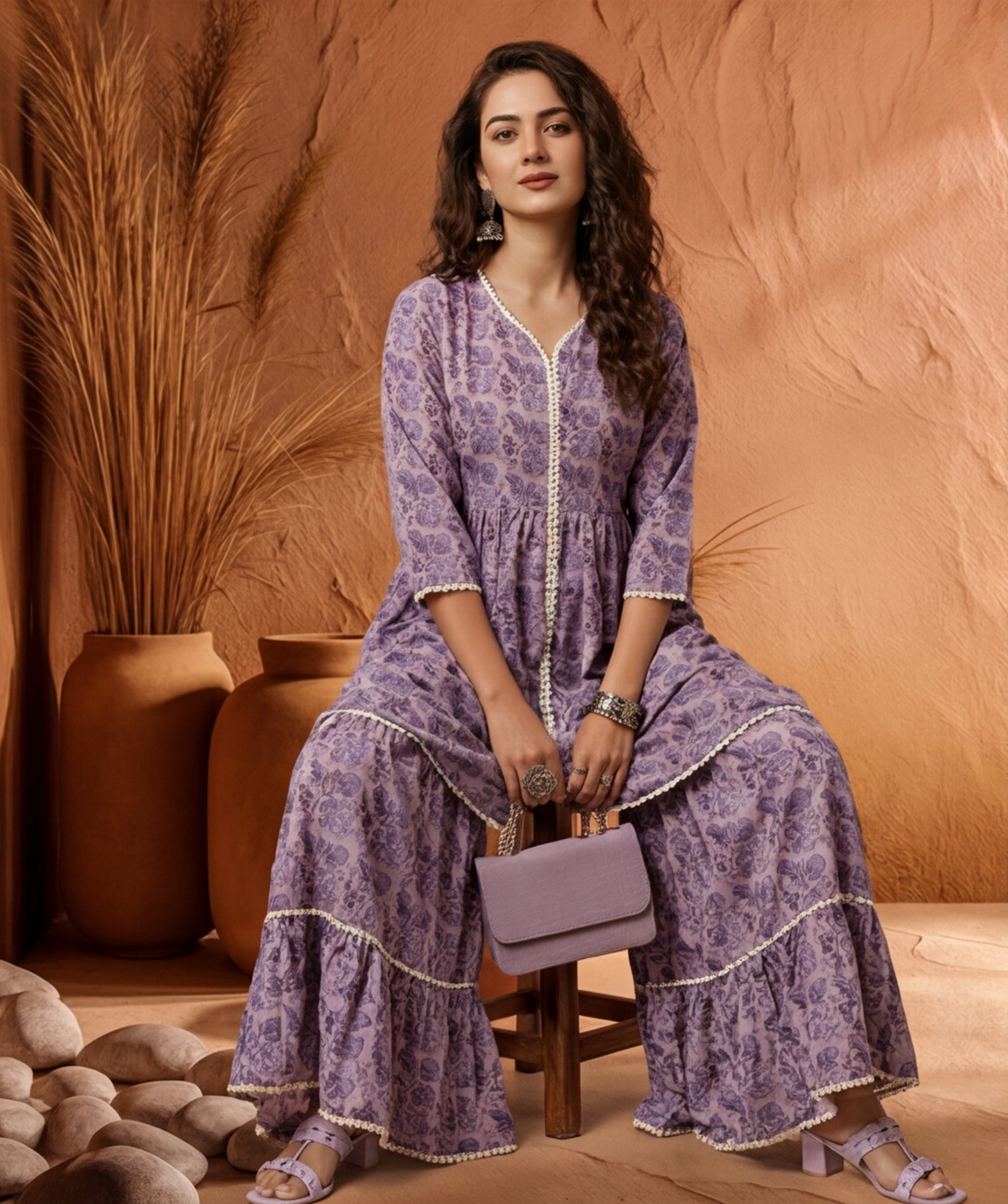 Lavender Floral Print Flared Kurta With Sharara