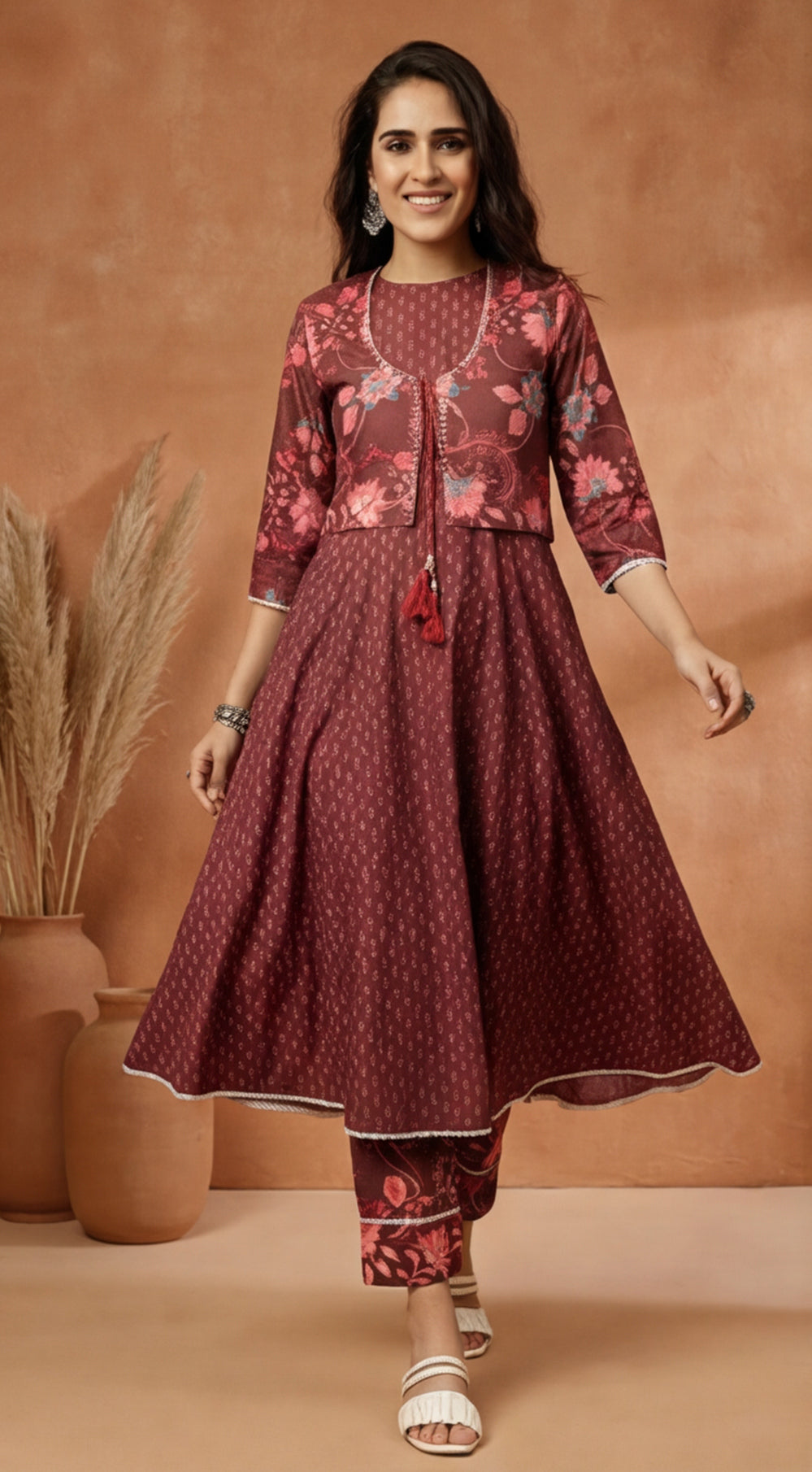 Brown Ethnic Print Flared Kurta With Shrug And Pants