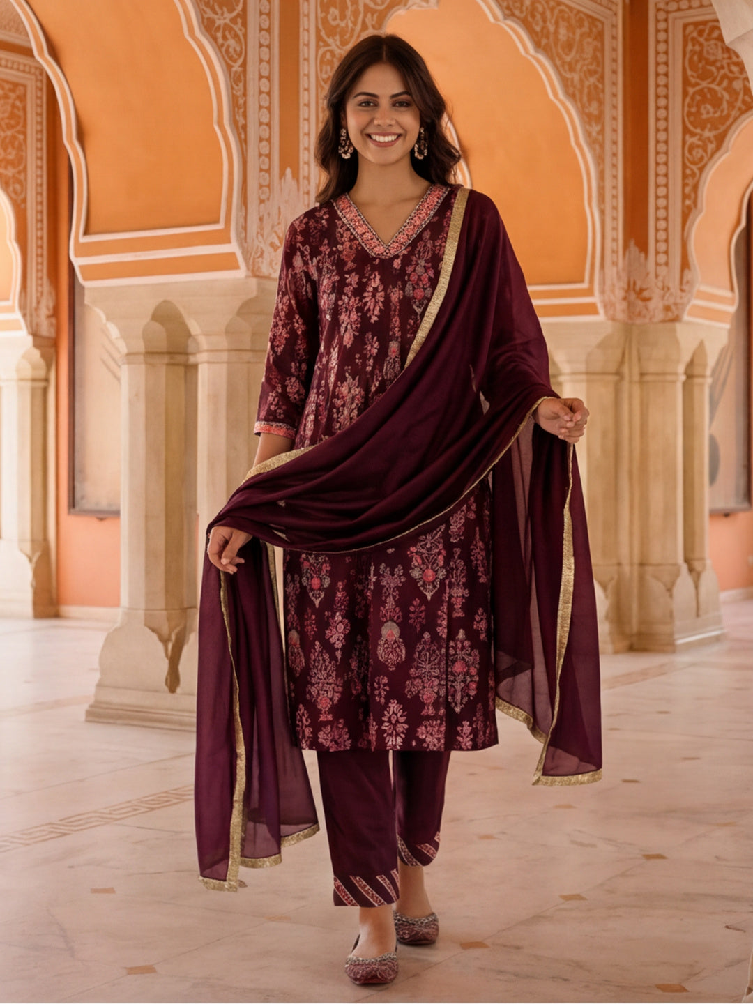 Mirror Embroidered Festive Flared Kurta Set With Dupatta