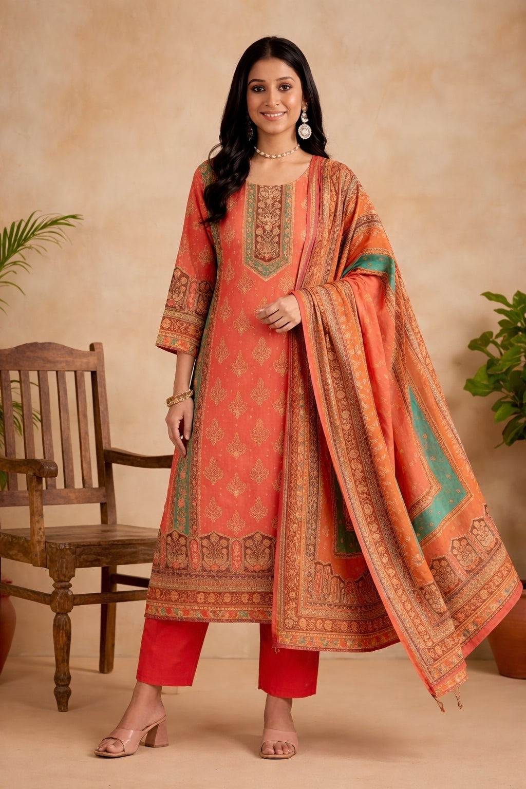 Ethnic Motifs Self Design Straight Kurta & Trousers Sets