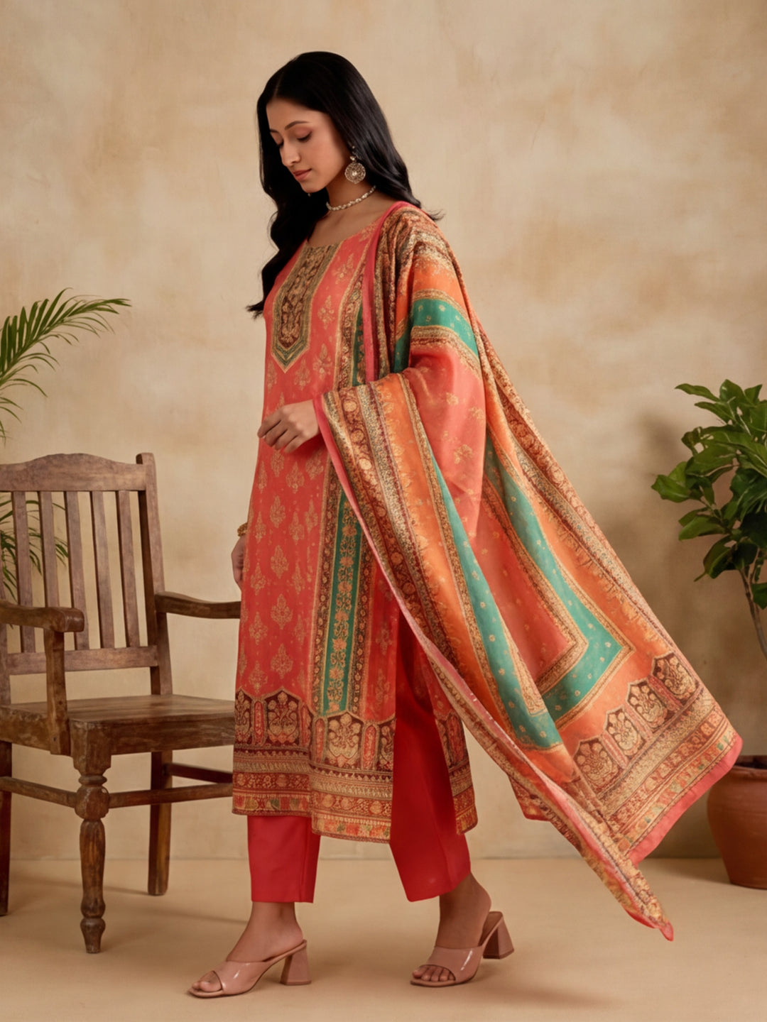 Ethnic Motifs Self Design Straight Kurta & Trousers Sets