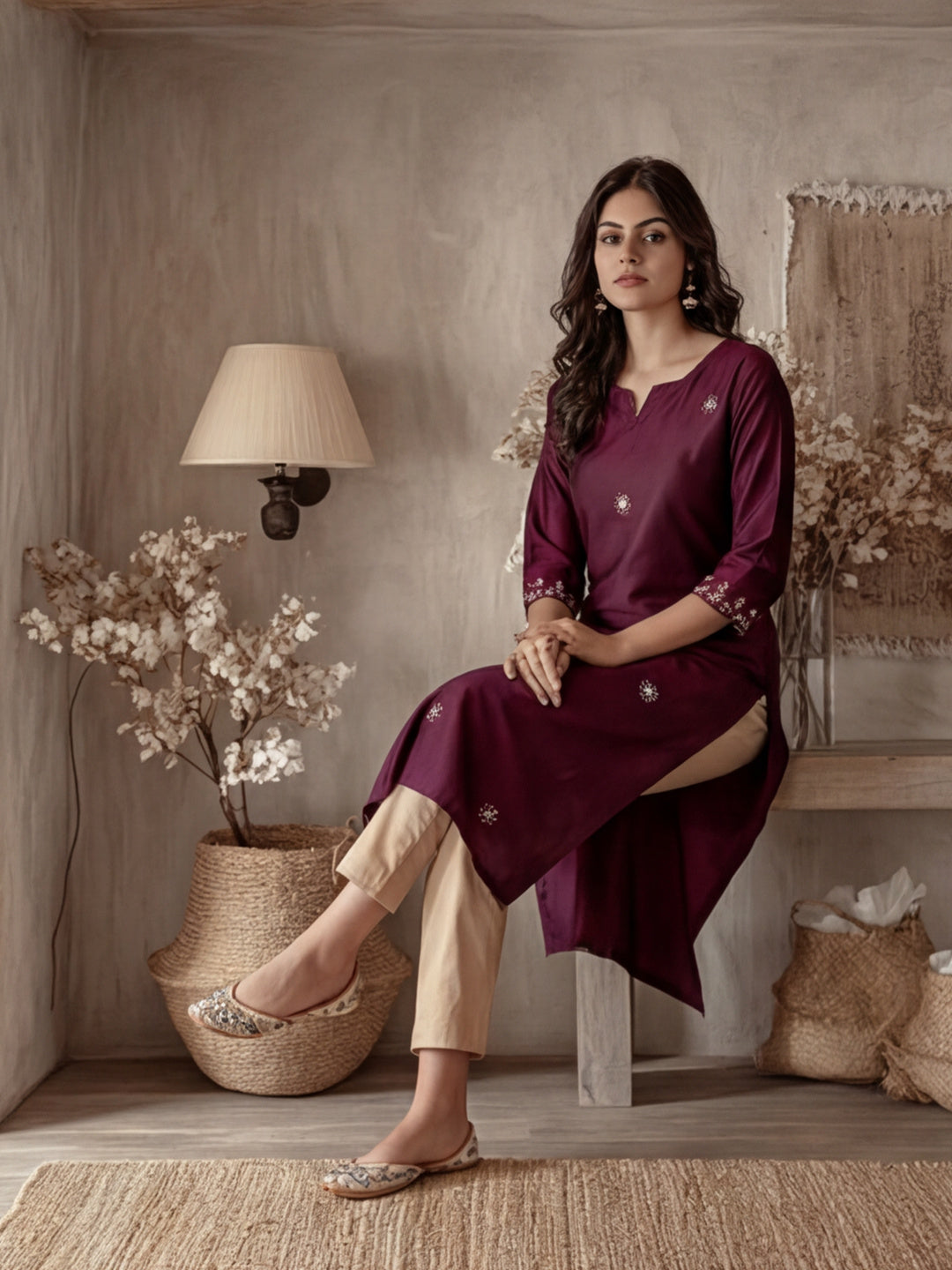 Self Woven Embroidered Straight Kurta
