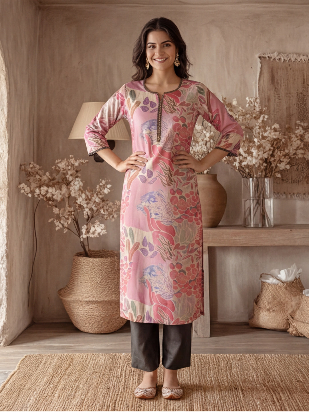 Botanical Printed Embroidered Straight Kurta