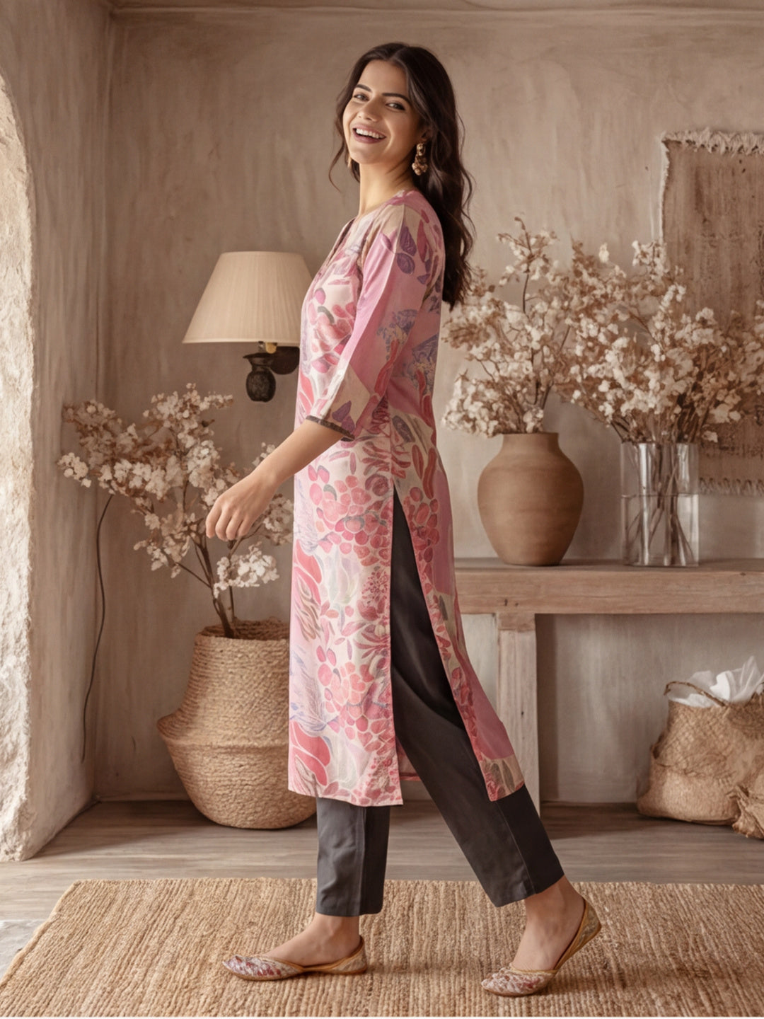 Botanical Printed Embroidered Straight Kurta