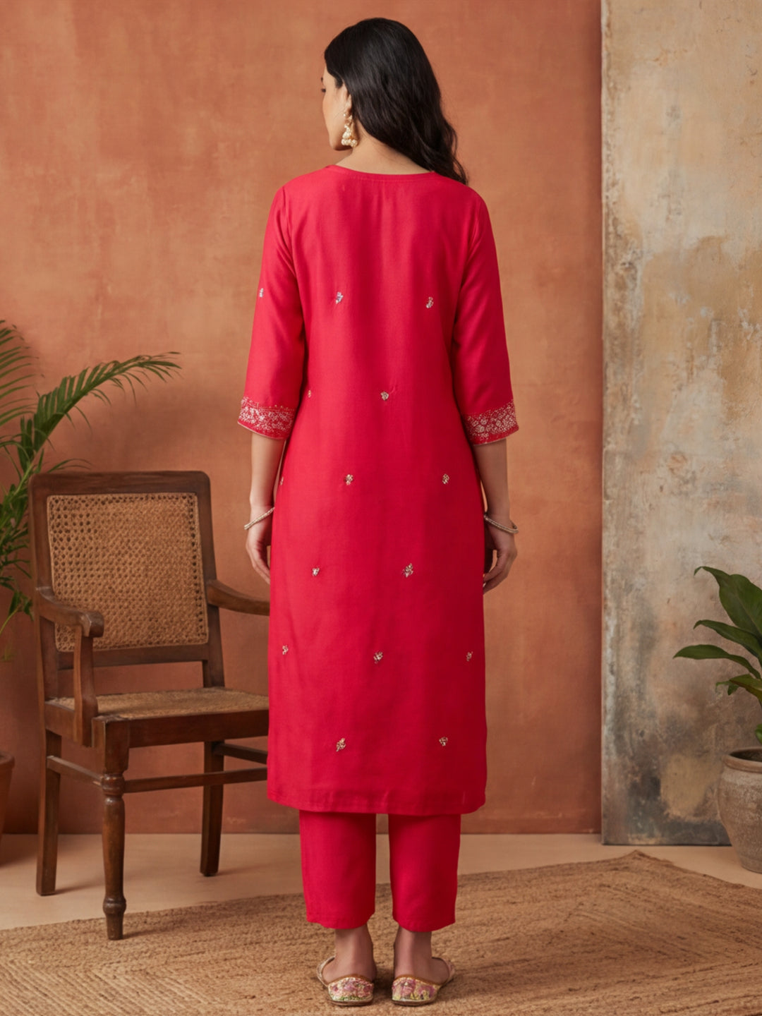 Floral Embroidered Straight Kurta & Trousers Sets