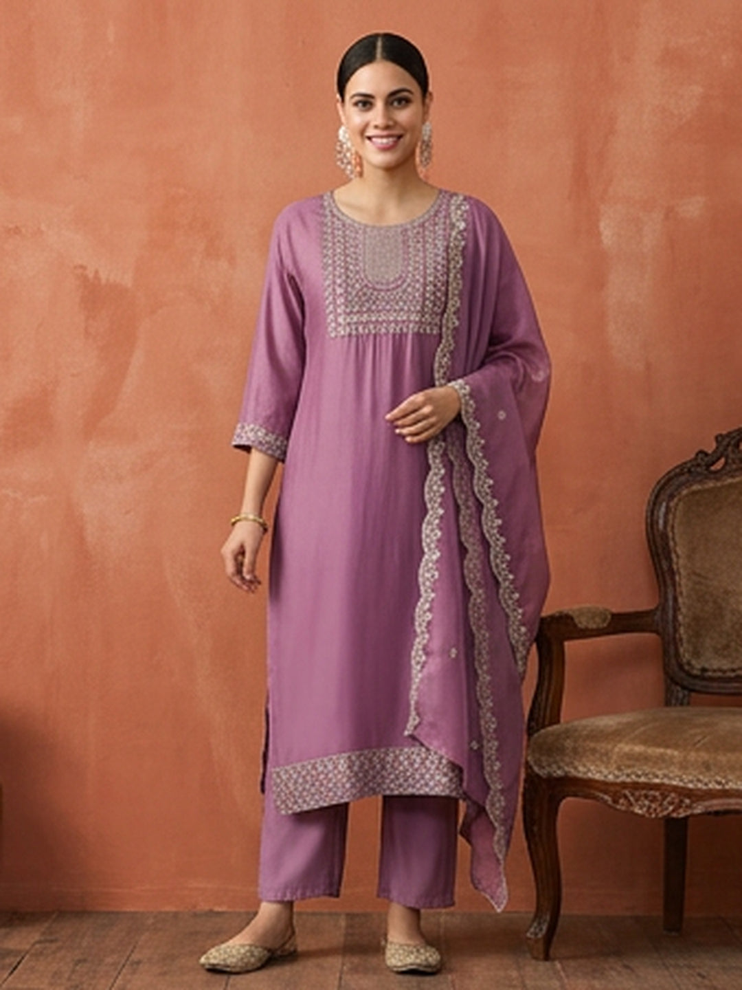Solid Embroidered Straight Kurta & Trousers Sets