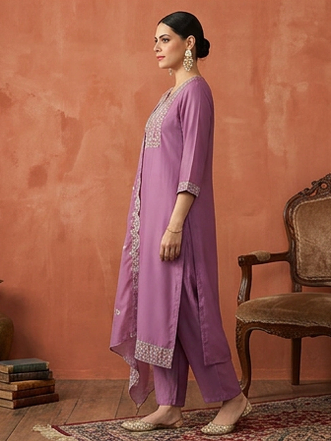 Solid Embroidered Straight Kurta & Trousers Sets