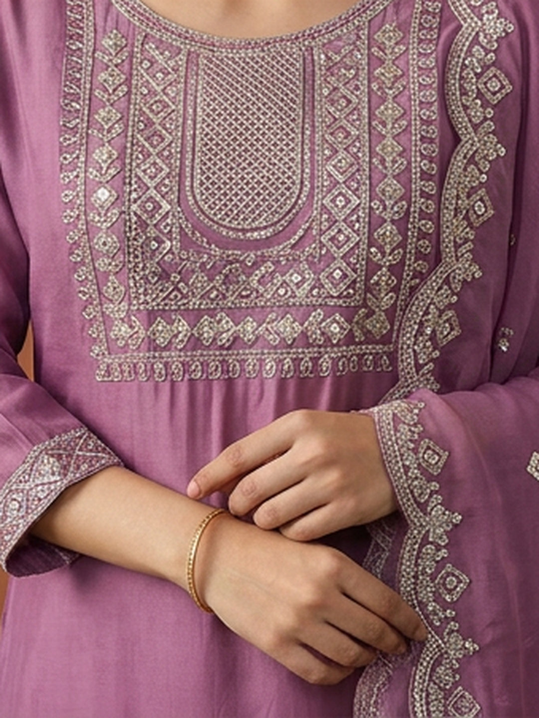 Solid Embroidered Straight Kurta & Trousers Sets