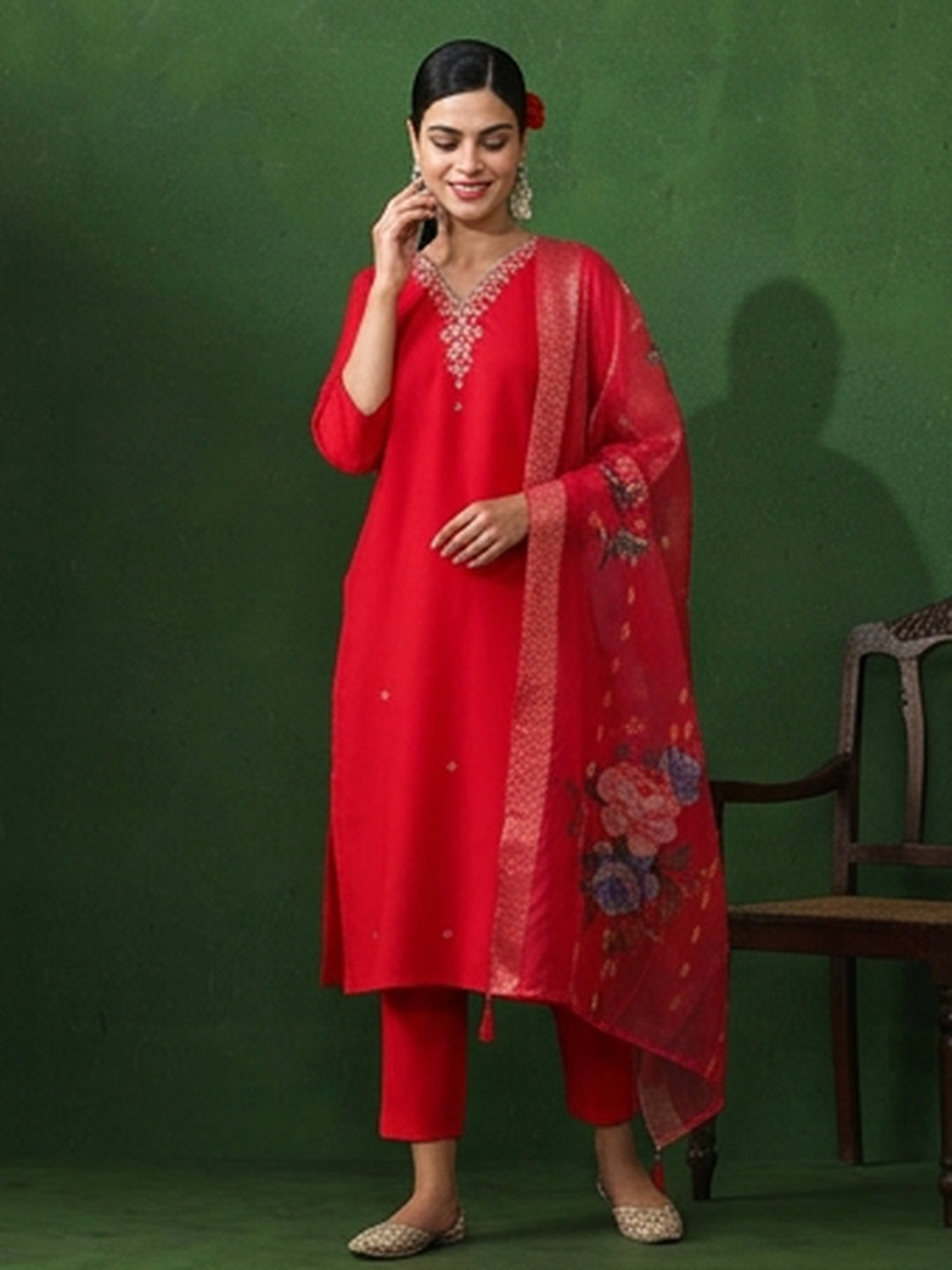 Solid Embroidered Straight Kurta & Trousers Sets