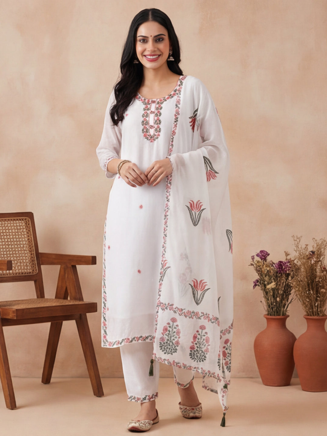 Solid Embroidered Straight Kurta & Trousers Sets