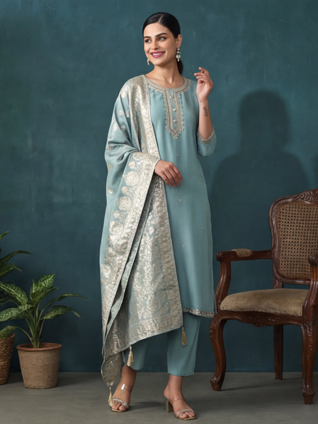 Floral Embroidered Straight Kurta & Trousers Sets