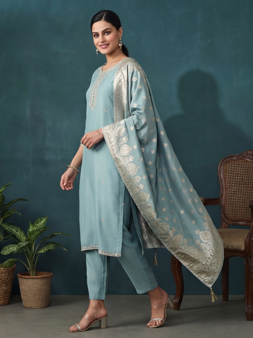 Floral Embroidered Straight Kurta & Trousers Sets