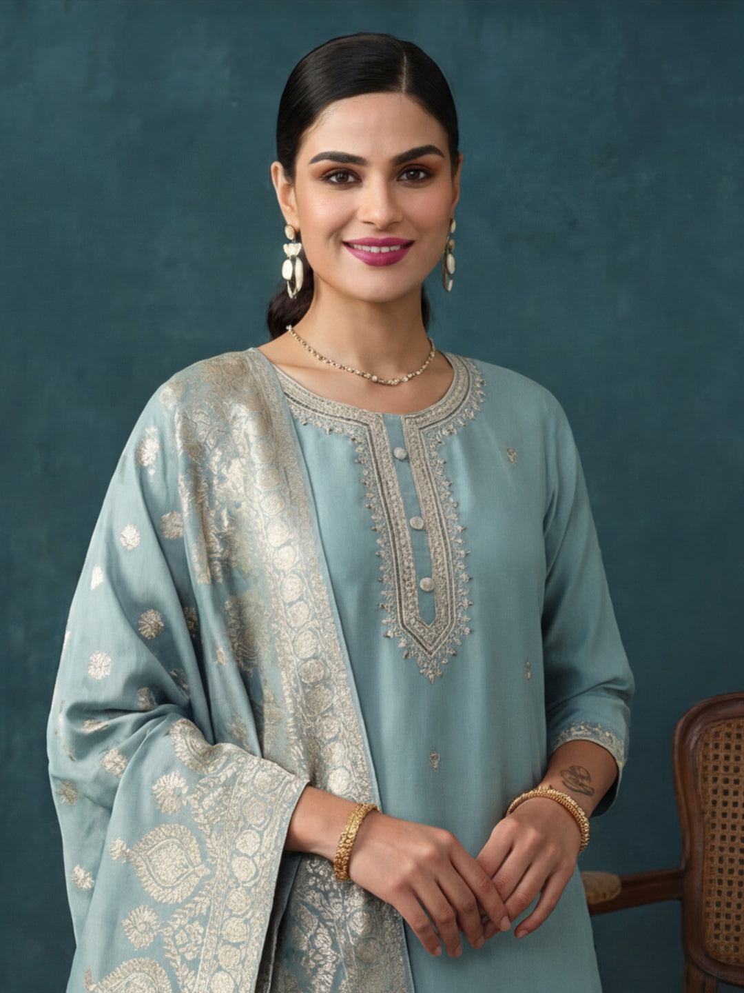 Floral Embroidered Straight Kurta & Trousers Sets