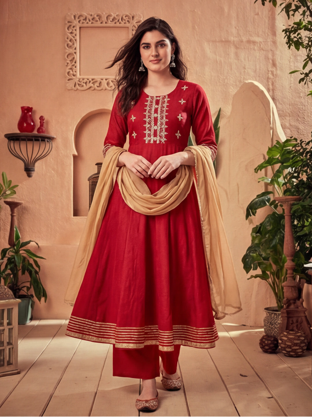 Maroon Embroidered Anarkali Kurta With Pants and Embroidered Dupatta