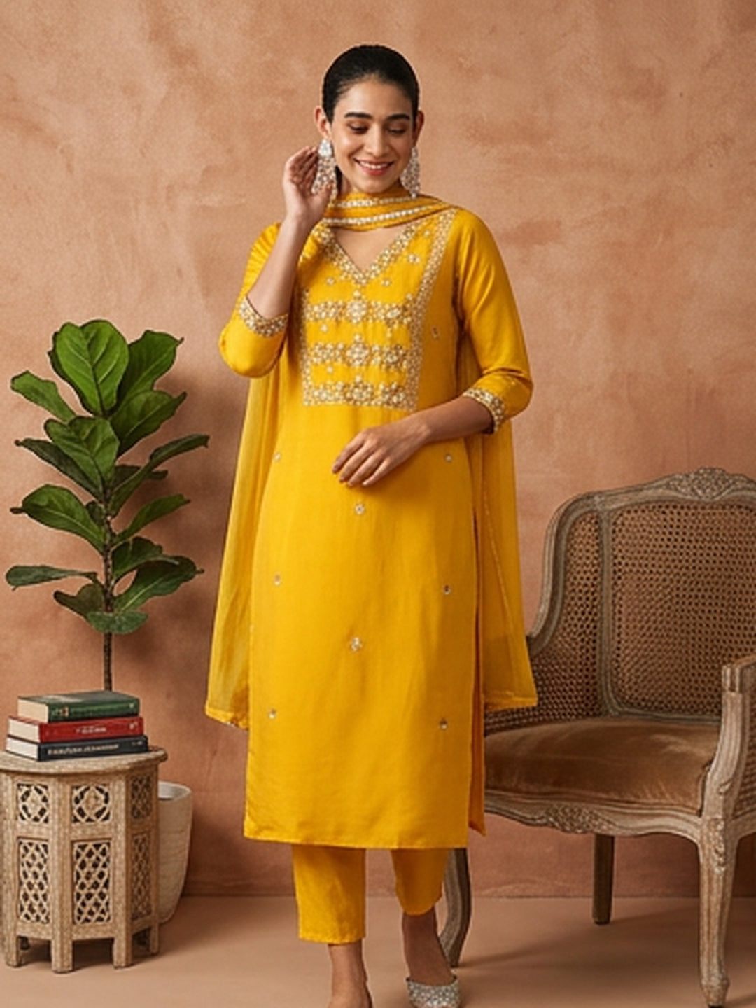 Floral Embroidered Straight Kurta & Trousers Sets