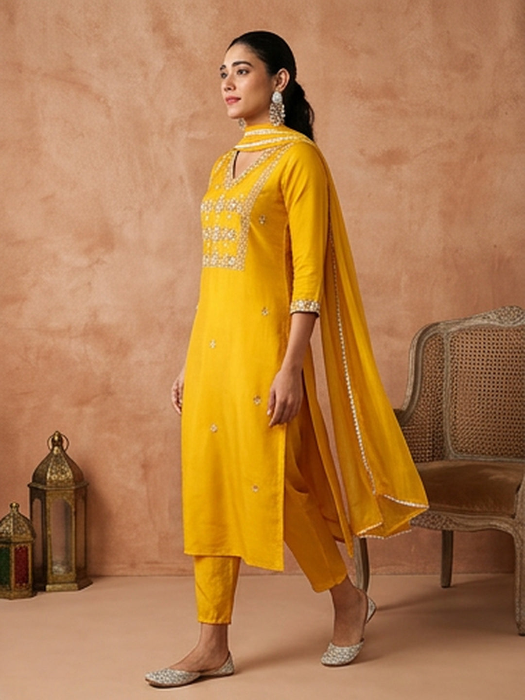 Floral Embroidered Straight Kurta & Trousers Sets