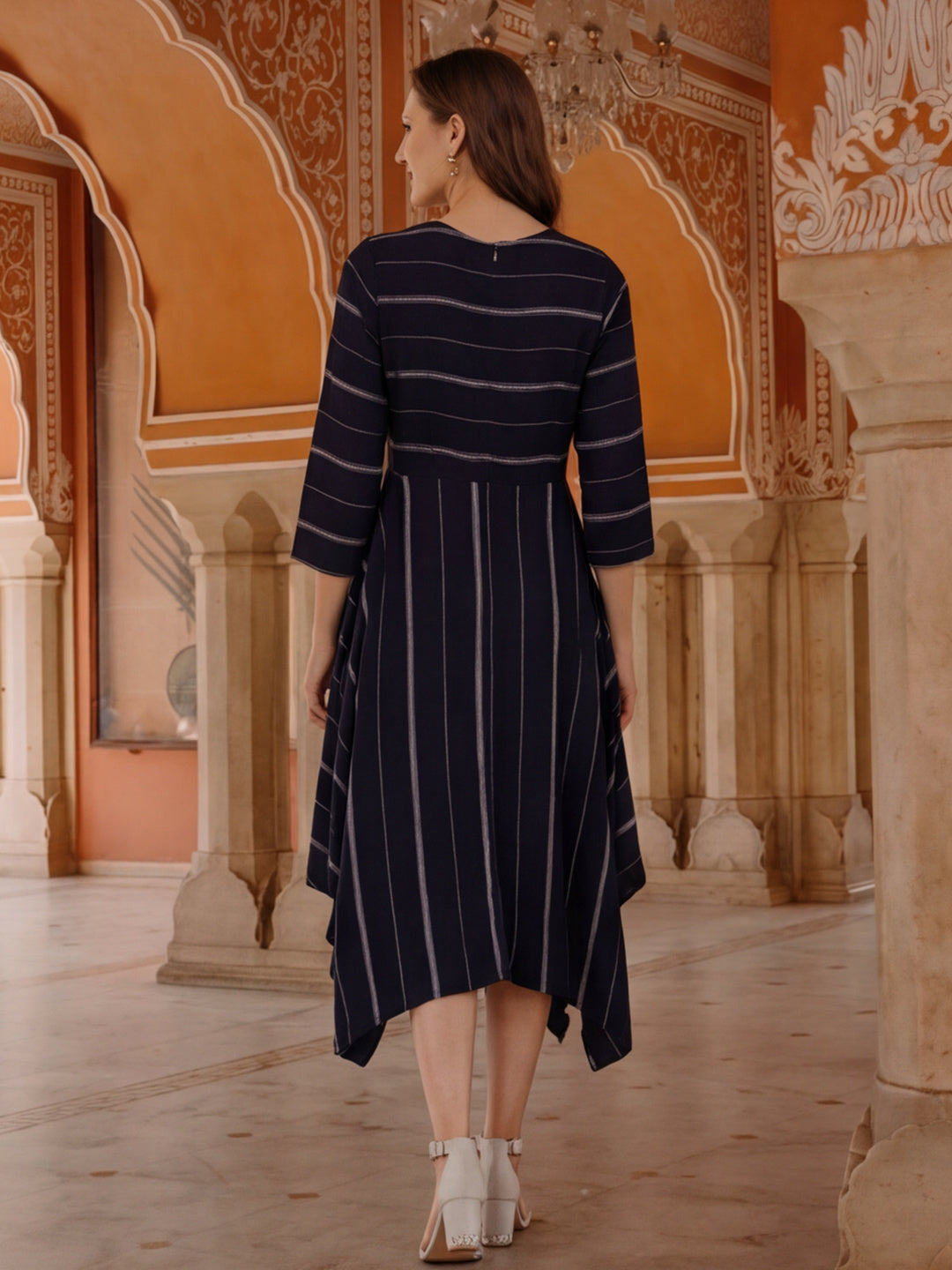 Navy Blue & Off-White Cotton Striped A-Line Dress