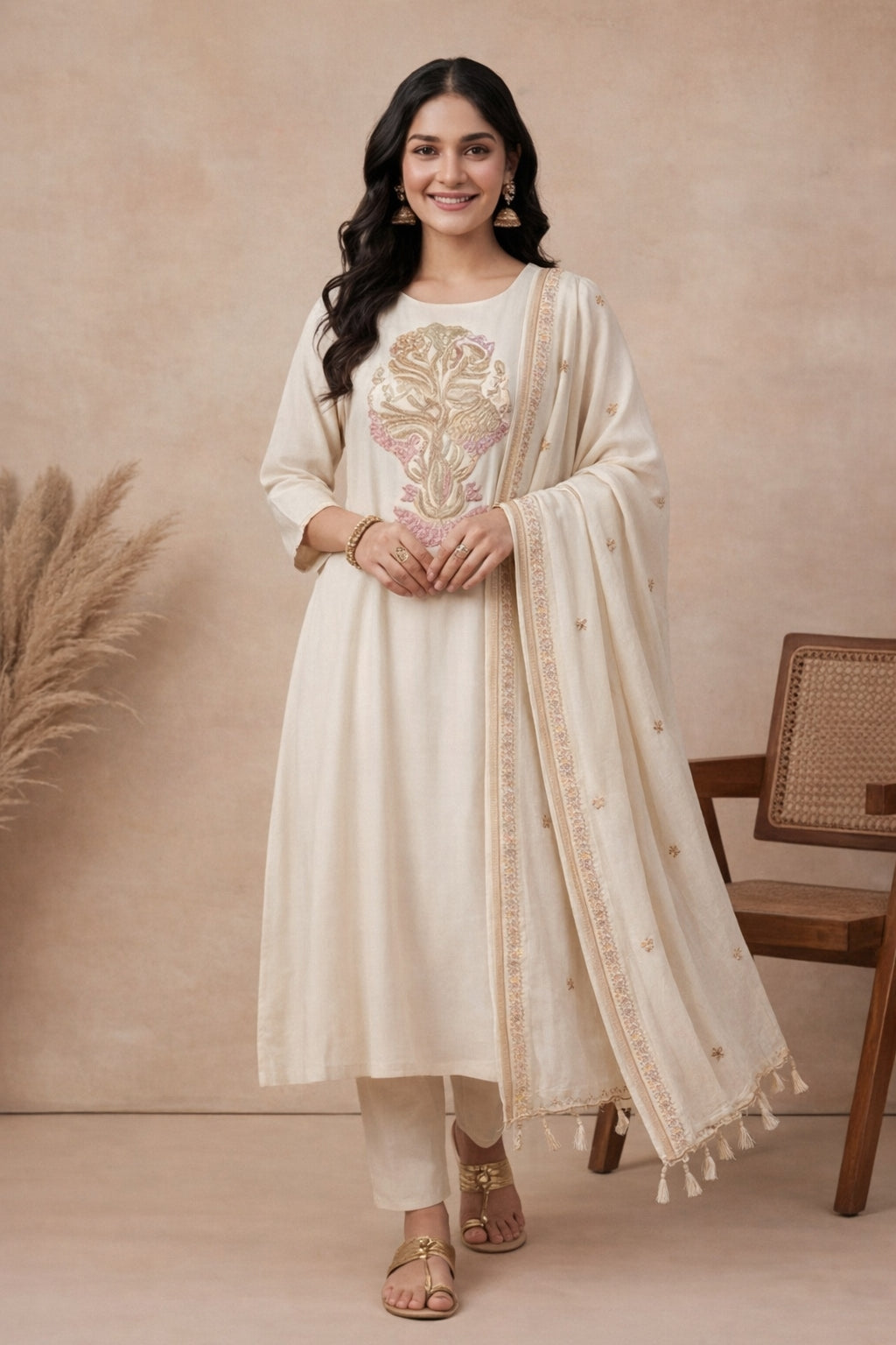 Solid Embroidered Straight Kurta & Trousers Sets