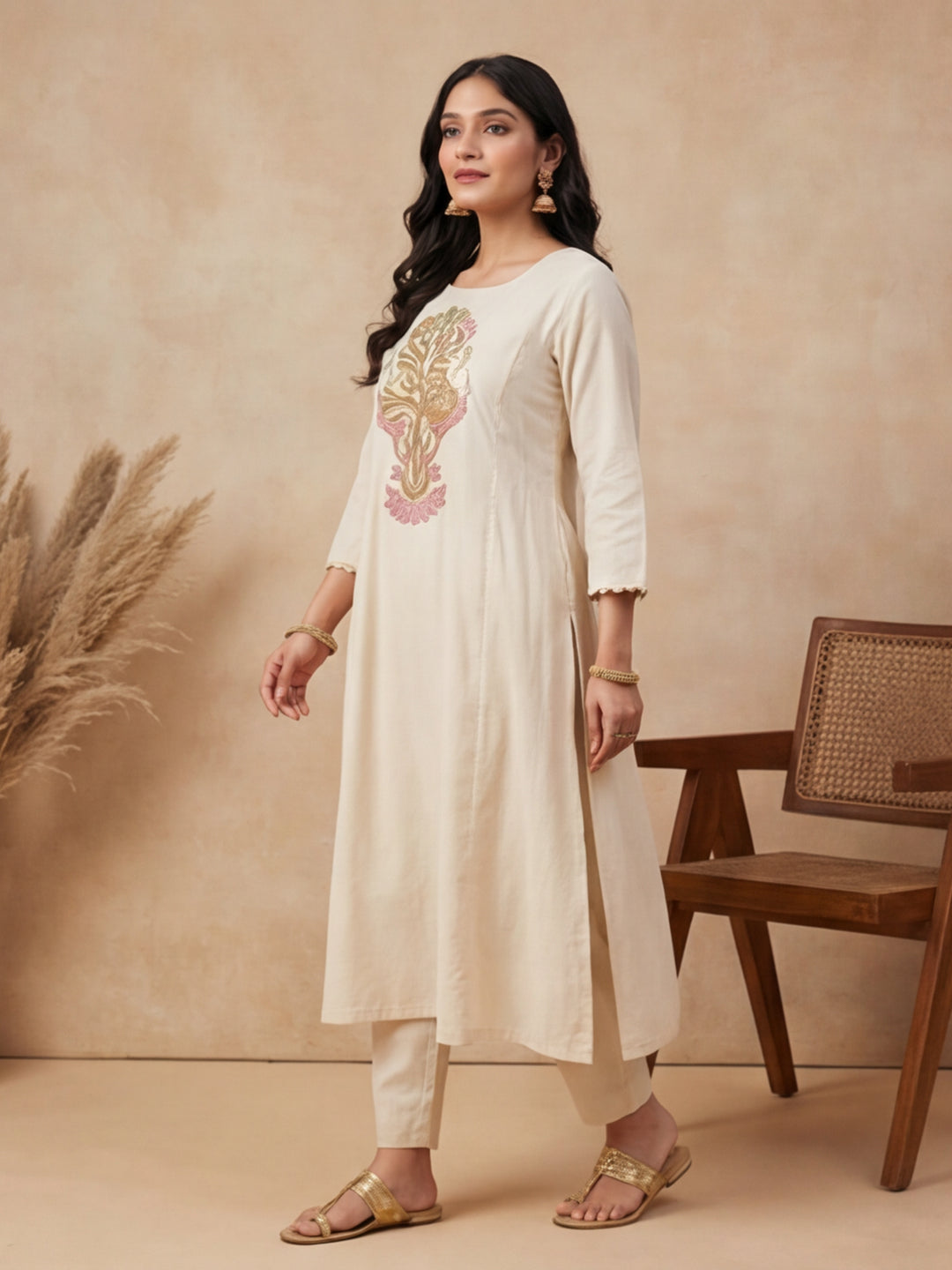 Solid Embroidered Straight Kurta & Trousers Sets
