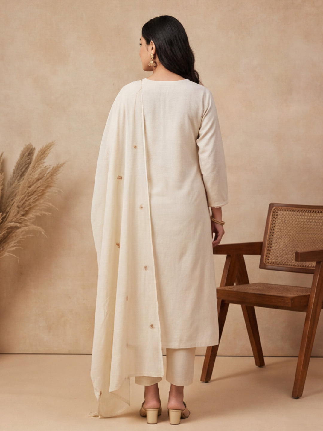 Solid Embroidered Straight Kurta & Trousers Sets