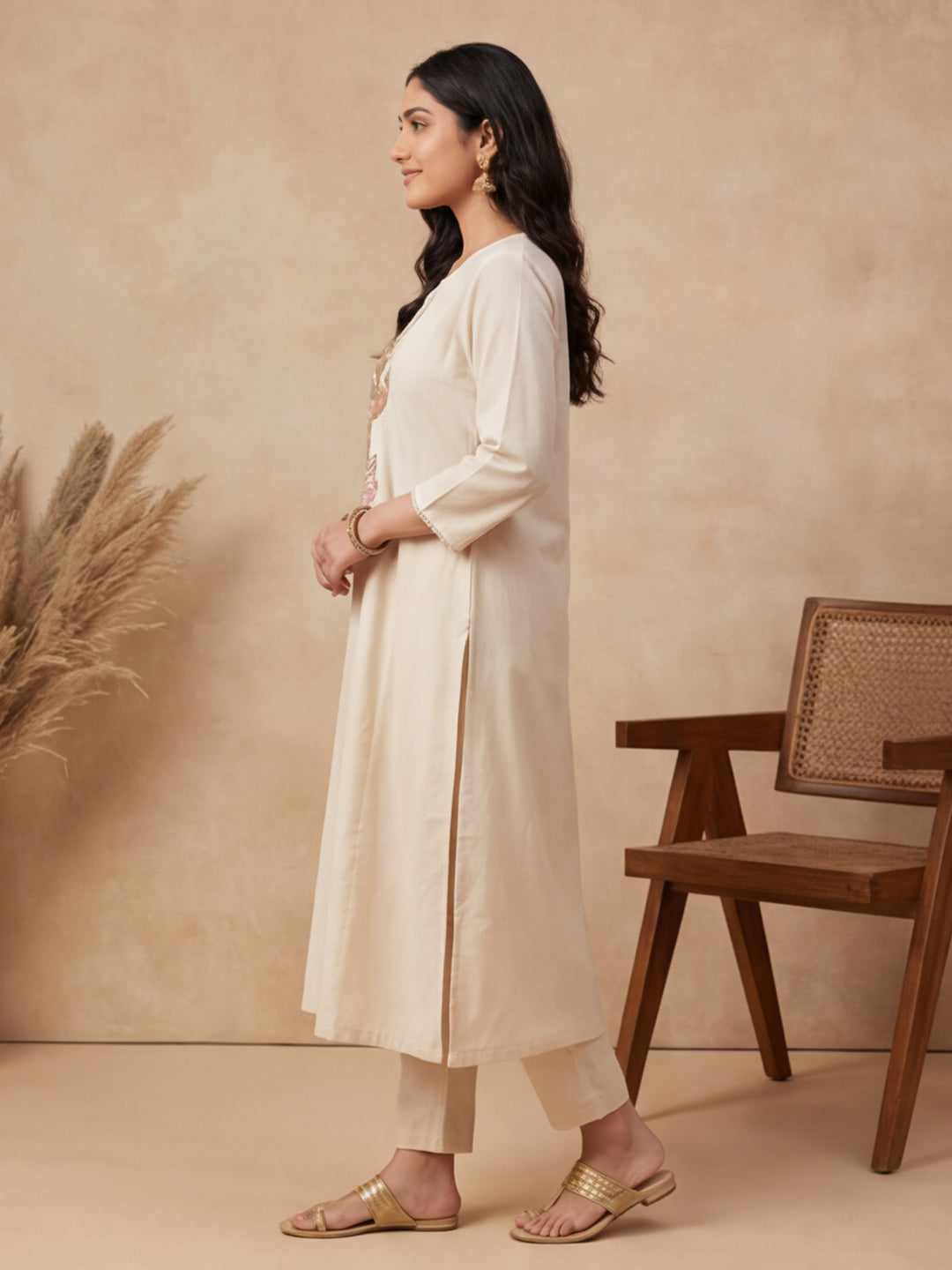 Solid Embroidered Straight Kurta & Trousers Sets