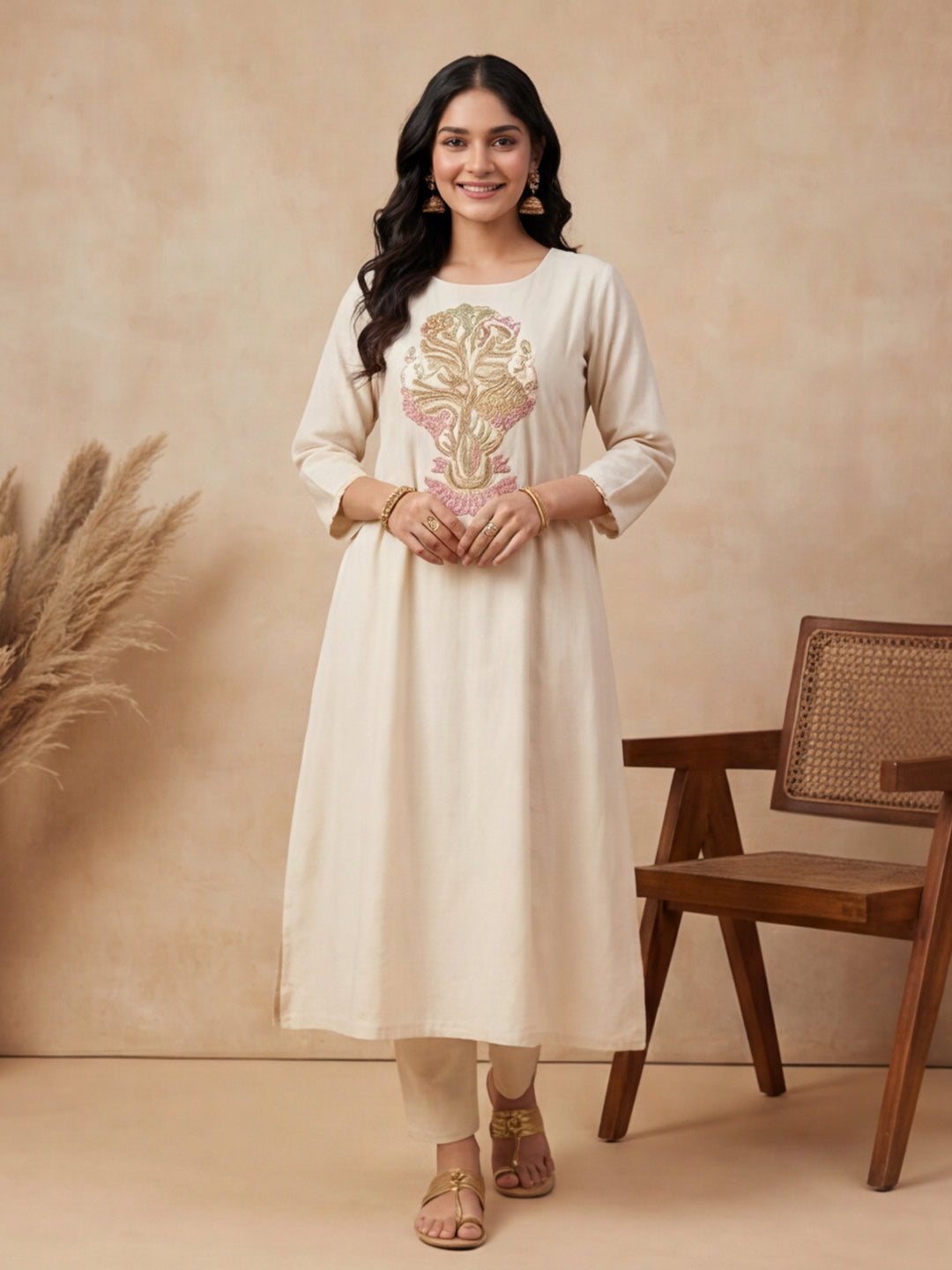 Solid Embroidered Straight Kurta & Trousers Sets