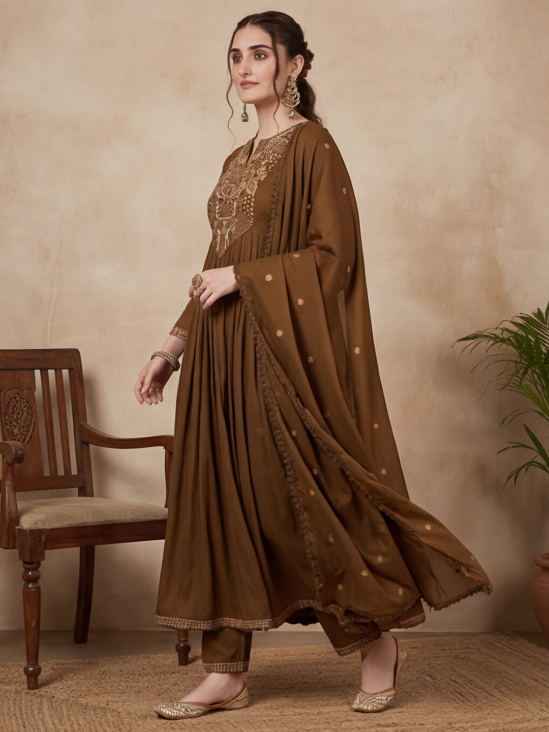 Solid Embroidered Flared Kurta & Trousers Sets