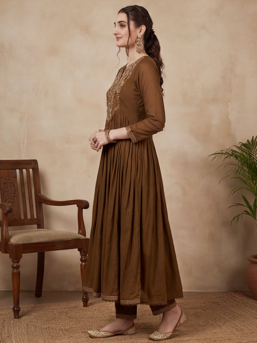 Solid Embroidered Flared Kurta & Trousers Sets