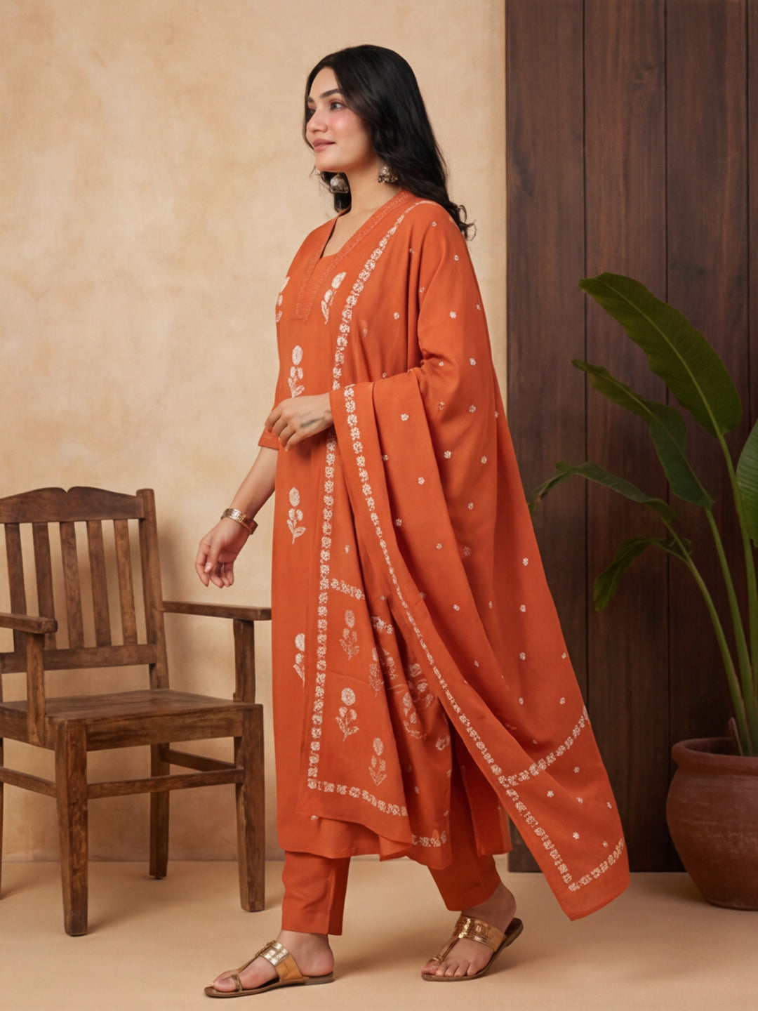 Floral Embroidered Straight Kurta & Trousers Sets