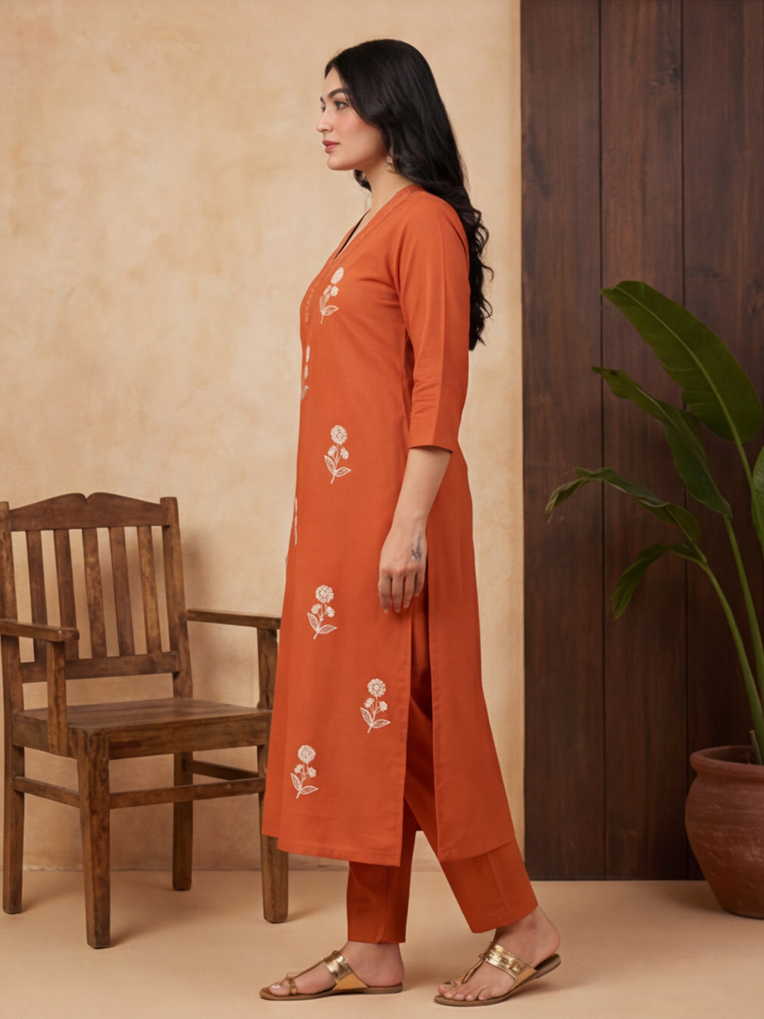 Floral Embroidered Straight Kurta & Trousers Sets