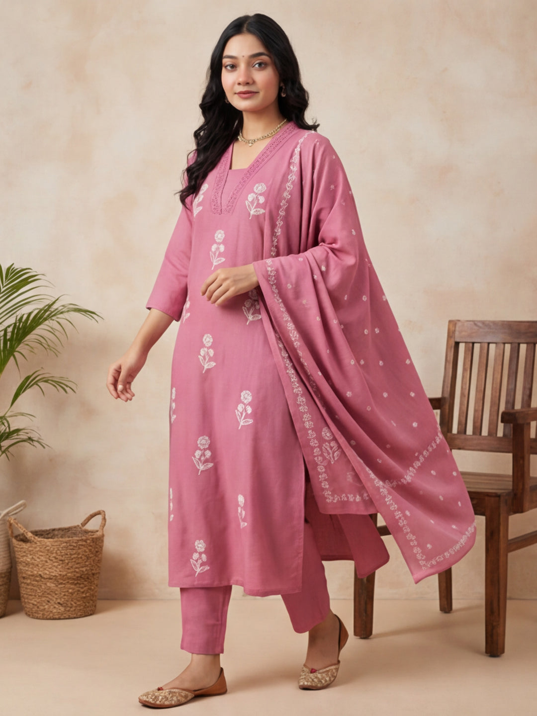 Floral Embroidered Straight Kurta & Trousers Sets