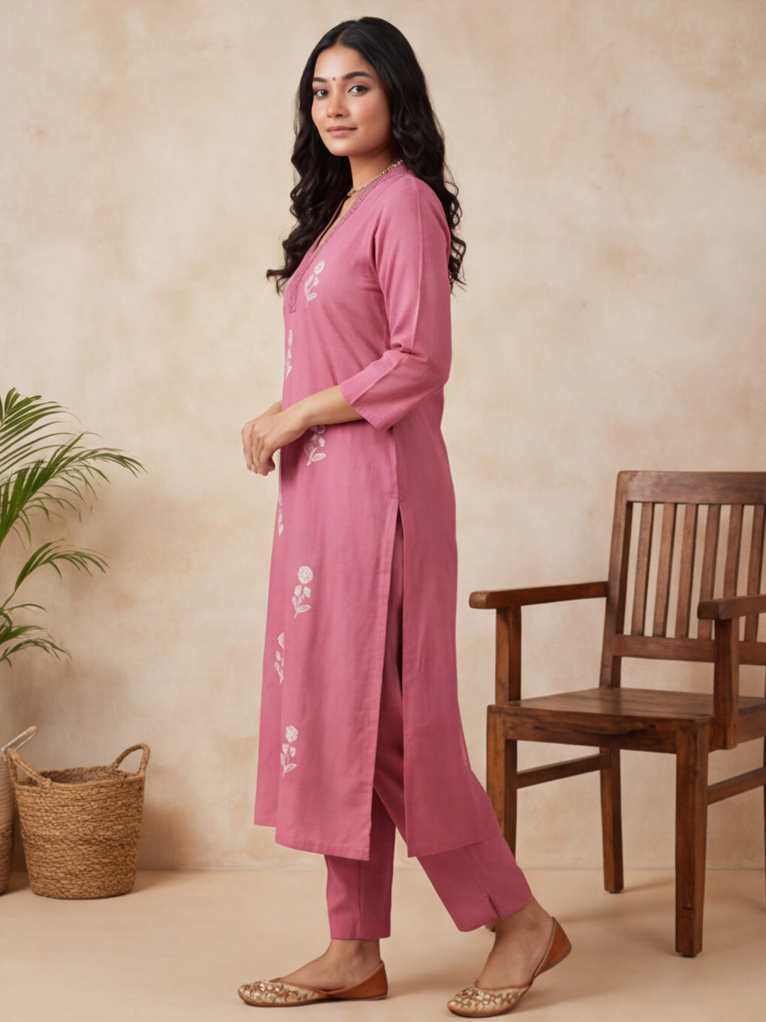 Floral Embroidered Straight Kurta & Trousers Sets